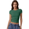 QINSEN Short Sleeve Shirts for Women Round Neck Basic Double Lined Tees Fitted Y2k Crop Tops(Bottle Green)