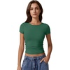 QINSEN Short Sleeve Shirts for Women Round Neck Basic Double Lined Tees Fitted Y2k Crop Tops(Bottle Green)