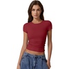 QINSEN Short Sleeve Shirts for Women Round Neck Basic Double Lined Tees Fitted Y2k Crop Tops(Burgundy)