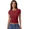 QINSEN Short Sleeve Shirts for Women Round Neck Basic Double Lined Tees Fitted Y2k Crop Tops(Burgundy)