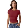 QINSEN Short Sleeve Shirts for Women Round Neck Basic Double Lined Tees Fitted Y2k Crop Tops(Burgundy)