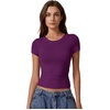 QINSEN Short Sleeve Shirts for Women Round Neck Basic Double Lined Tees Fitted Y2k Crop Tops(Deep Berry)