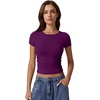 QINSEN Short Sleeve Shirts for Women Round Neck Basic Double Lined Tees Fitted Y2k Crop Tops(Deep Berry)