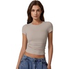 QINSEN Short Sleeve Shirts for Women Round Neck Basic Double Lined Tees Fitted Y2k Crop Tops(Taupe)