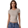 QINSEN Short Sleeve Shirts for Women Round Neck Basic Double Lined Tees Fitted Y2k Crop Tops(Taupe)