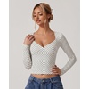 QINSEN Women’s Long Sleeve V Neck T Shirts Double Lined Crop Top Seamed Cup Going Out Tops(Black Polka Dots)