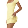 QINSEN Womens Square Neck Tennis Dress Short Sleeve Built in Shorts Golf Athletic Dress with Pockets(Light Yellow)