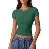QINSEN Short Sleeve Shirts for Women Round Neck Basic Double Lined Tees Fitted Y2k Crop Tops(Bottle Green)