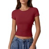 QINSEN Short Sleeve Shirts for Women Round Neck Basic Double Lined Tees Fitted Y2k Crop Tops(Burgundy)