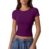 QINSEN Short Sleeve Shirts for Women Round Neck Basic Double Lined Tees Fitted Y2k Crop Tops(Deep Berry)