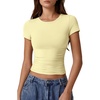 QINSEN Short Sleeve Shirts for Women Round Neck Basic Double Lined Tees Fitted Y2k Crop Tops(Light Yellow)