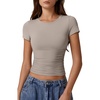 QINSEN Short Sleeve Shirts for Women Round Neck Basic Double Lined Tees Fitted Y2k Crop Tops(Taupe)