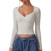 QINSEN Women’s Long Sleeve V Neck T Shirts Double Lined Crop Top Seamed Cup Going Out Tops(Black Polka Dots)
