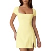 QINSEN Womens Square Neck Tennis Dress Short Sleeve Built in Shorts Golf Athletic Dress with Pockets(Light Yellow)
