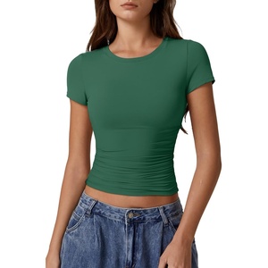 QINSEN Short Sleeve Shirts for Women Round Neck Basic Double Lined Tees Fitted Y2k Crop Tops(Bottle Green)
