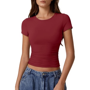 QINSEN Short Sleeve Shirts for Women Round Neck Basic Double Lined Tees Fitted Y2k Crop Tops(Burgundy)