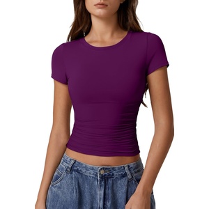 QINSEN Short Sleeve Shirts for Women Round Neck Basic Double Lined Tees Fitted Y2k Crop Tops(Deep Berry)