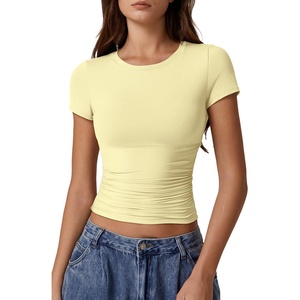 QINSEN Short Sleeve Shirts for Women Round Neck Basic Double Lined Tees Fitted Y2k Crop Tops(Light Yellow)