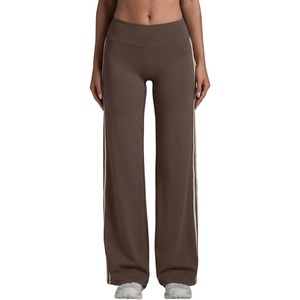 QINSEN Women’s No Front Seam Workout Leggings Stripes Wide Leg Yoag Pants(Mocha Brown)