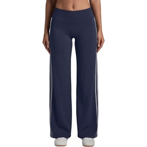 QINSEN Women’s No Front Seam Workout Leggings Stripes Wide Leg Yoag Pants(Navy Blue)