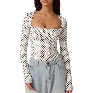 QINSEN Women’s Sexy Square Neck Shirt Long Sleeve Double Lined Tees Fitted Going Out Tops(Black Polka Dots)